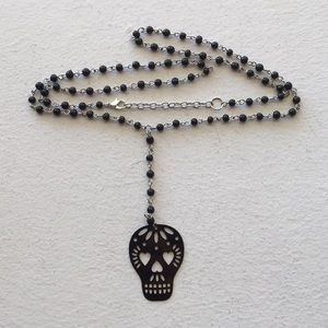 Black Sugar Skull Rosary Necklace